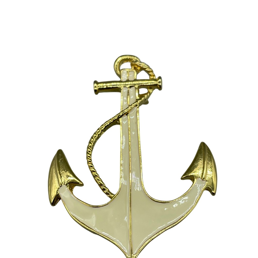 Park Lane Vintage Anchor Brooch Gold Tone White Enamel Nautical Rope Pin 2 Inch